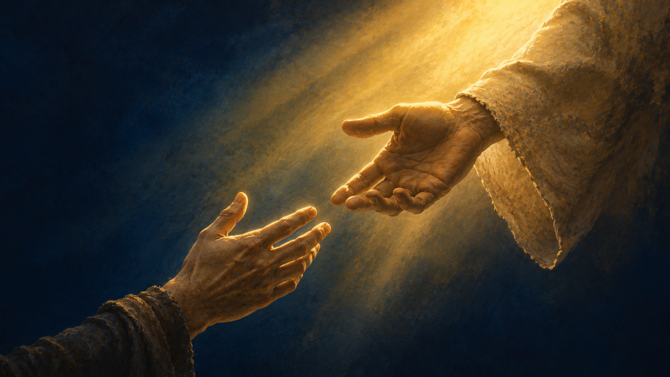 Duas mãos se estendendo para ajudar uma à outra sob luz dourada