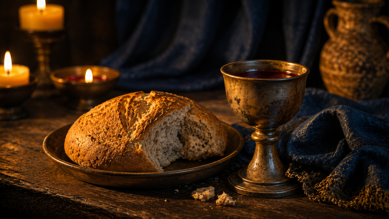 Pão e cálice de vinho sobre uma mesa de comunhão à luz de velas