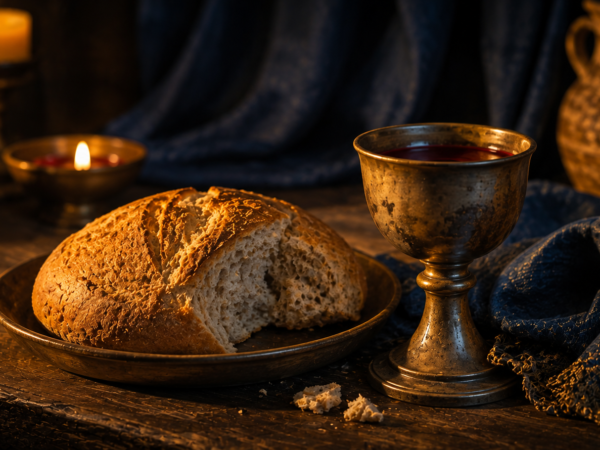 Pão e cálice de vinho sobre uma mesa de comunhão à luz de velas