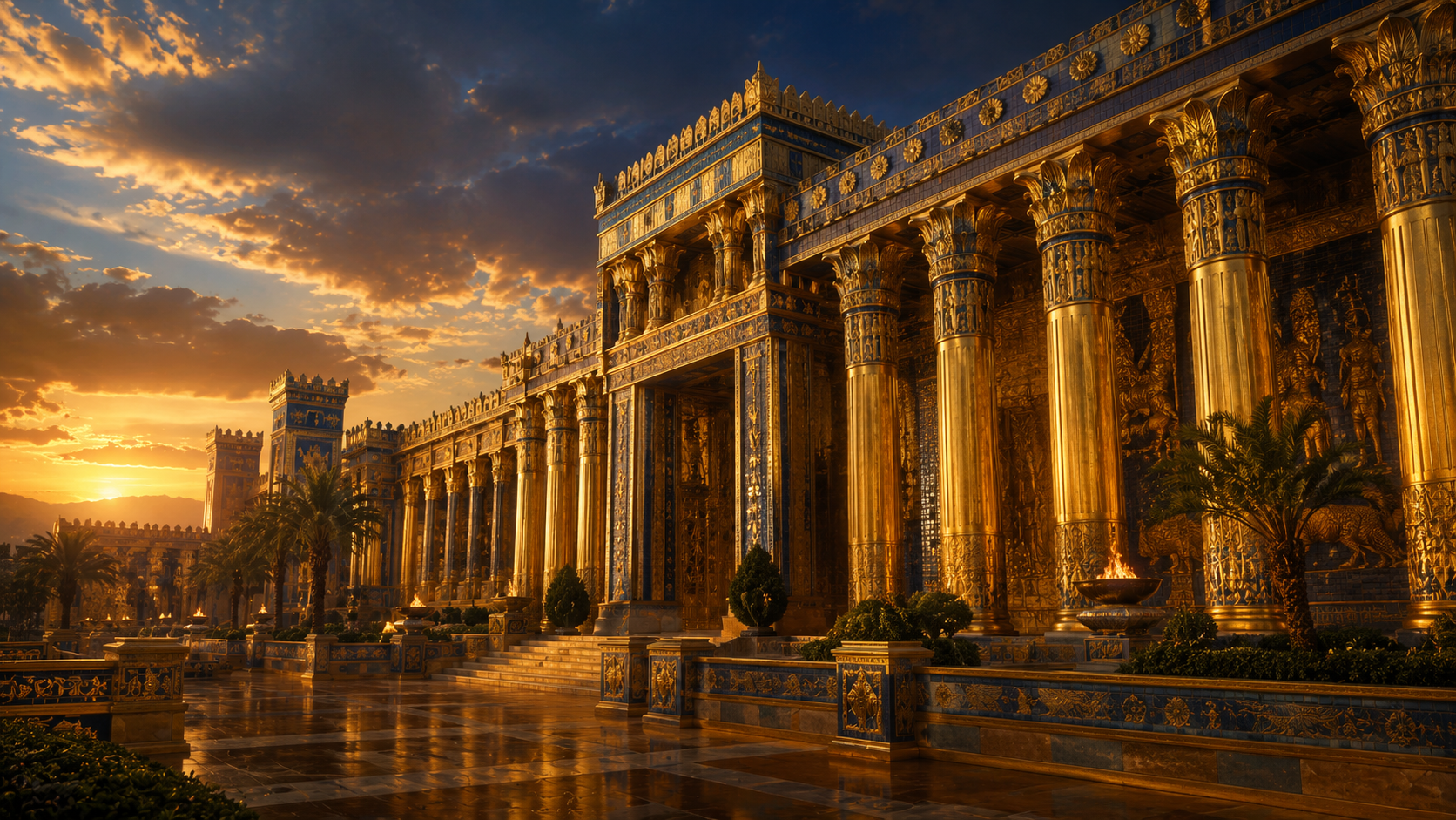 Palácio real de Susã com colunas douradas e arquitetura persa durante o pôr do sol
