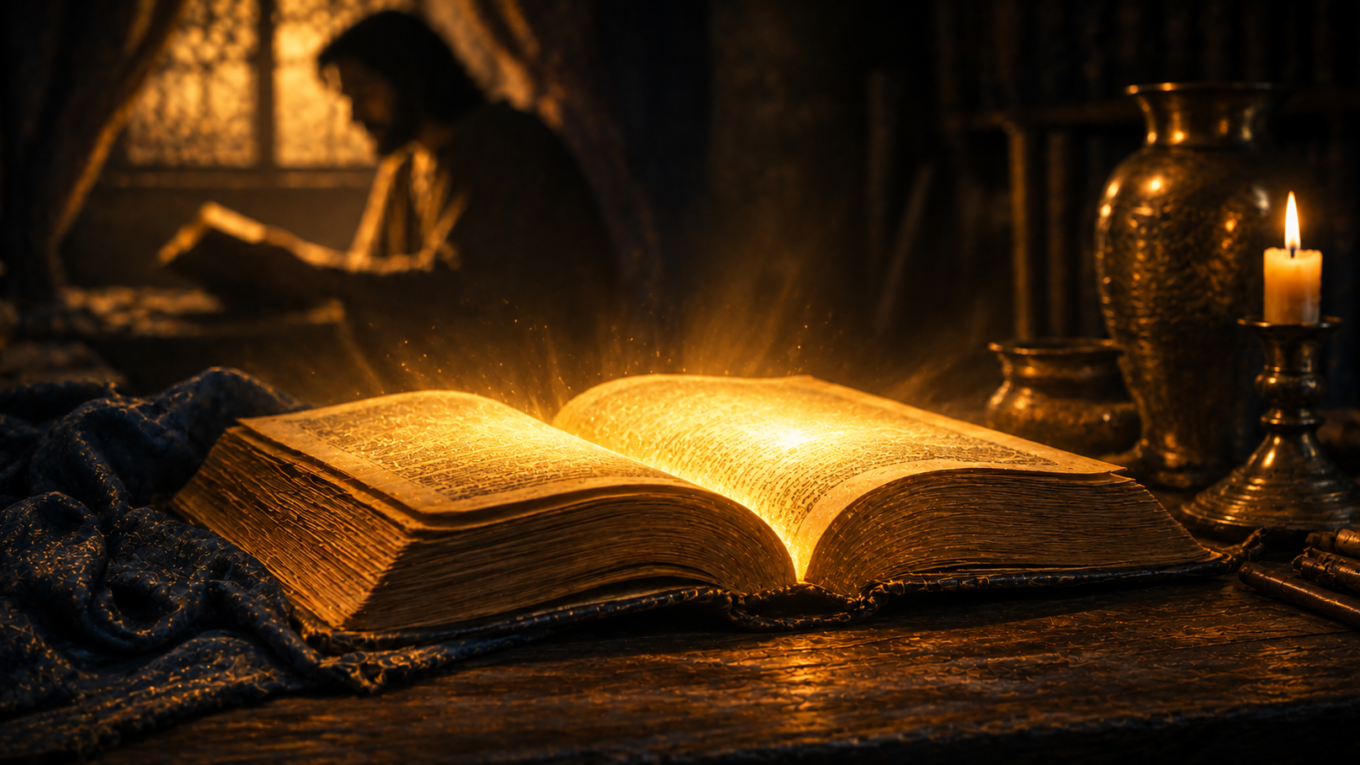Bíblia aberta iluminada por uma luz dourada durante um momento de leitura