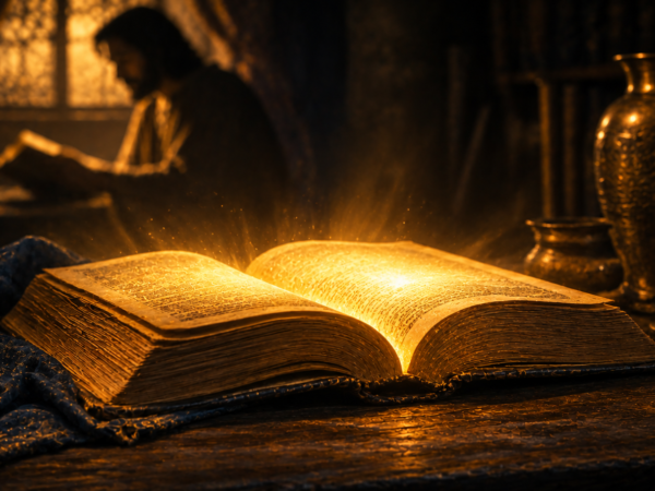 Bíblia aberta iluminada por uma luz dourada durante um momento de leitura