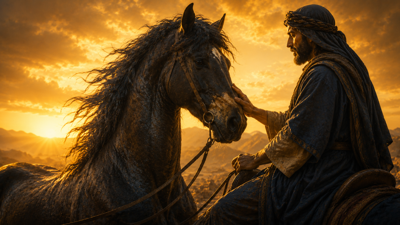 Cavalo forte sendo guiado por um cavaleiro ao nascer do sol
