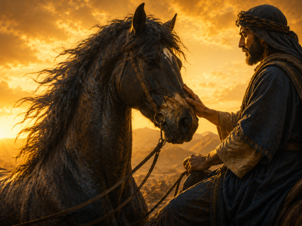 Cavalo forte sendo guiado por um cavaleiro ao nascer do sol