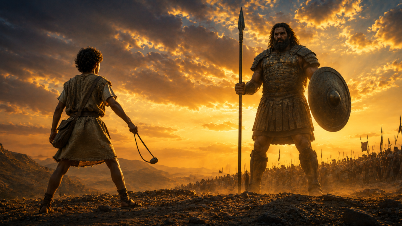Jovem Davi com uma funda diante do gigante Golias no campo de batalha