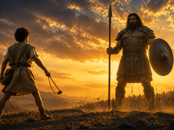 Jovem Davi com uma funda diante do gigante Golias no campo de batalha