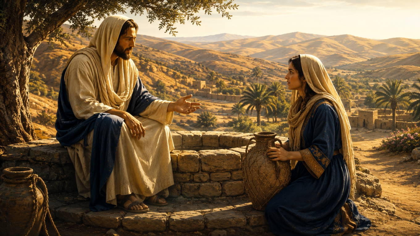 Jesus conversando com a mulher samaritana junto a um poço de pedra