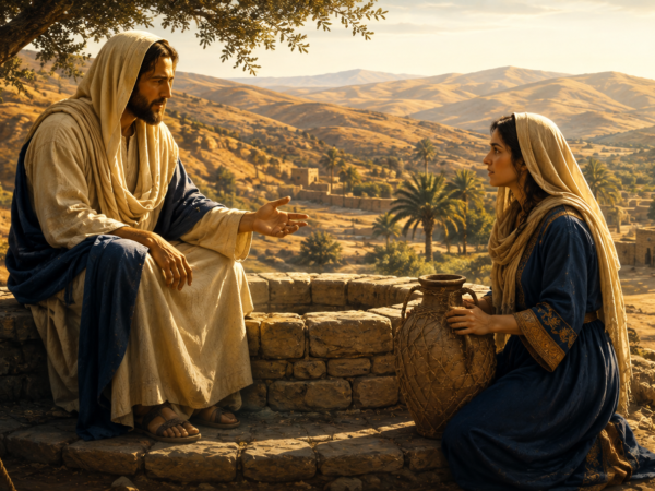 Jesus conversando com a mulher samaritana junto a um poço de pedra