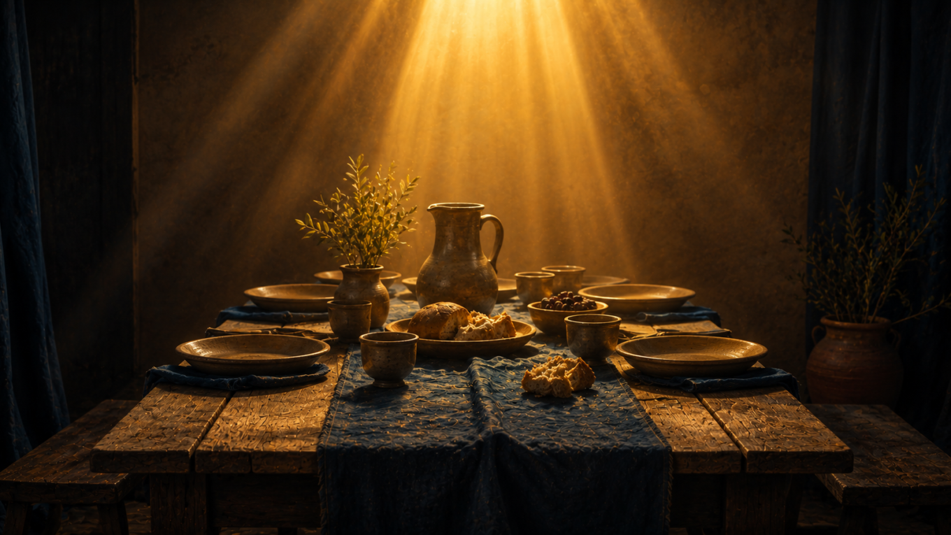 Mesa preparada para uma refeição com pão e utensílios sob luz dourada