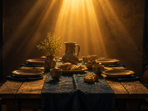 Mesa preparada para uma refeição com pão e utensílios sob luz dourada