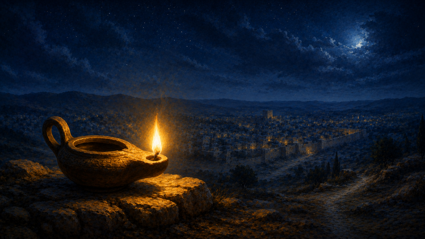 amparina de azeite acesa sobre uma colina, com uma cidade iluminada ao fundo