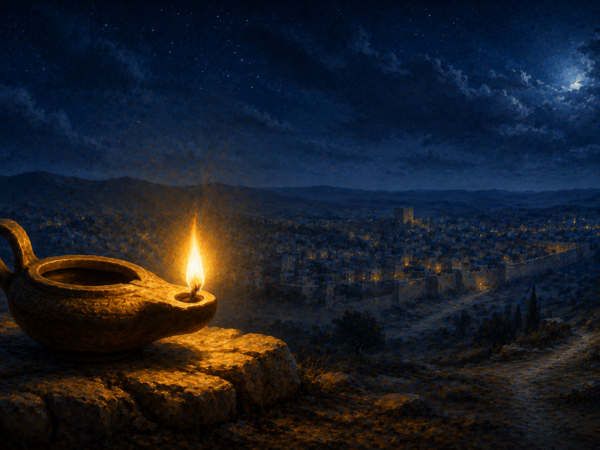 amparina de azeite acesa sobre uma colina, com uma cidade iluminada ao fundo
