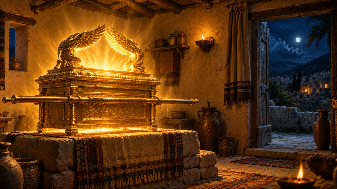Arca da Aliança iluminada dentro de uma antiga casa