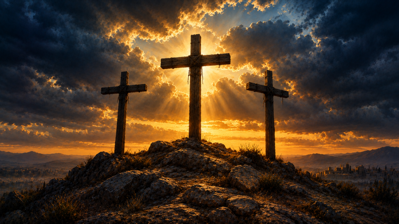 Três cruzes sobre um monte ao entardecer, com luz dourada atrás da cruz central