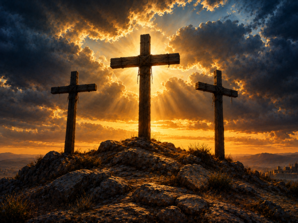 Três cruzes sobre um monte ao entardecer, com luz dourada atrás da cruz central