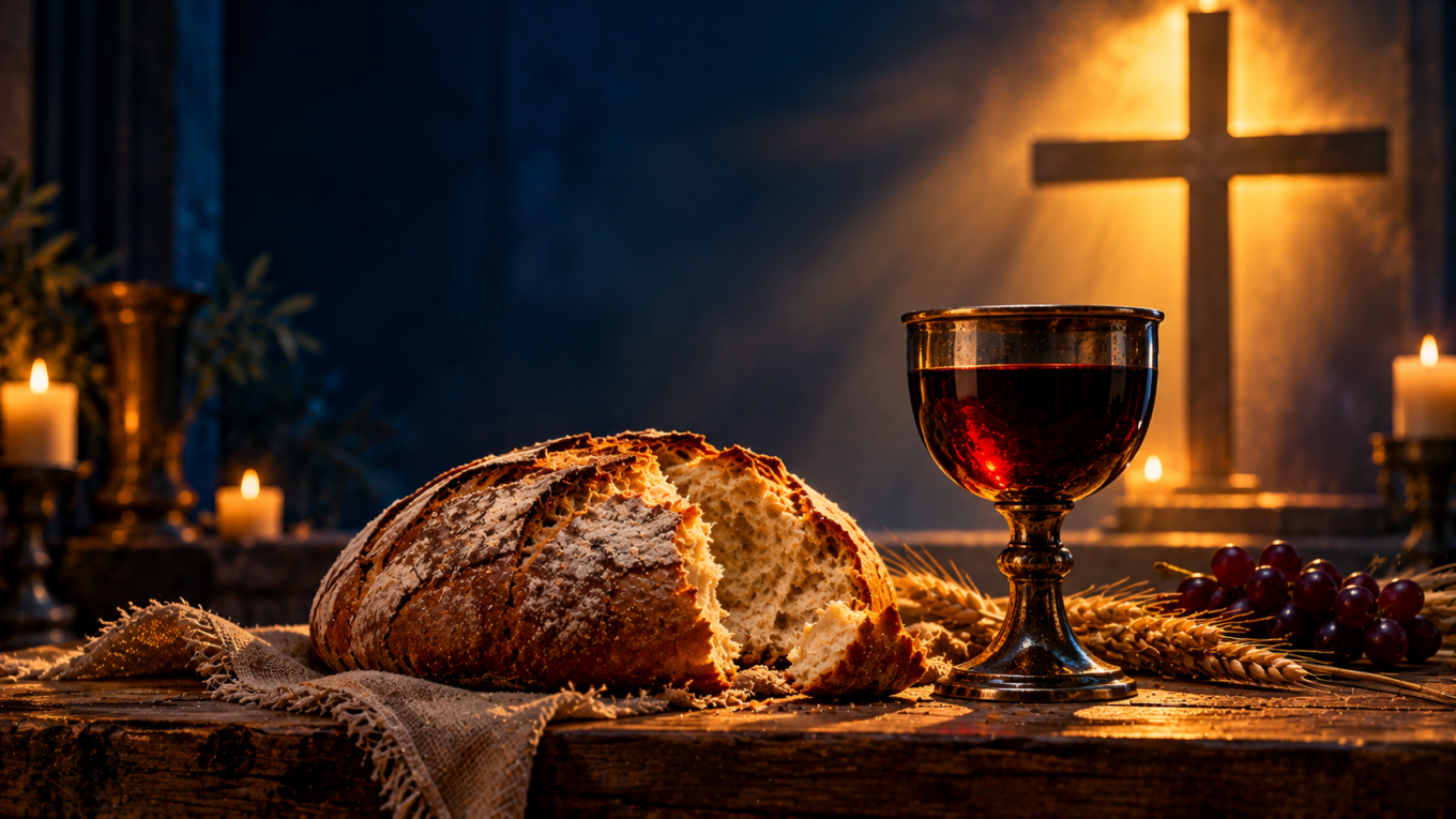 Pão partido e cálice com vinho sobre uma mesa de madeira, com uma cruz iluminada ao fundo.