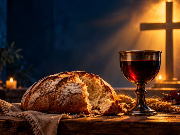 Pão partido e cálice com vinho sobre uma mesa de madeira, com uma cruz iluminada ao fundo.